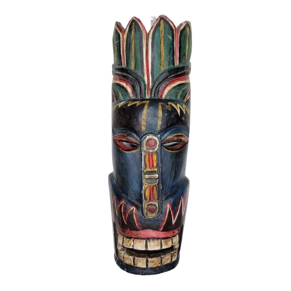 Vintage Handcrafted Carved Wooden Hanging Warrior Tiki Mask Colorful Large 20"